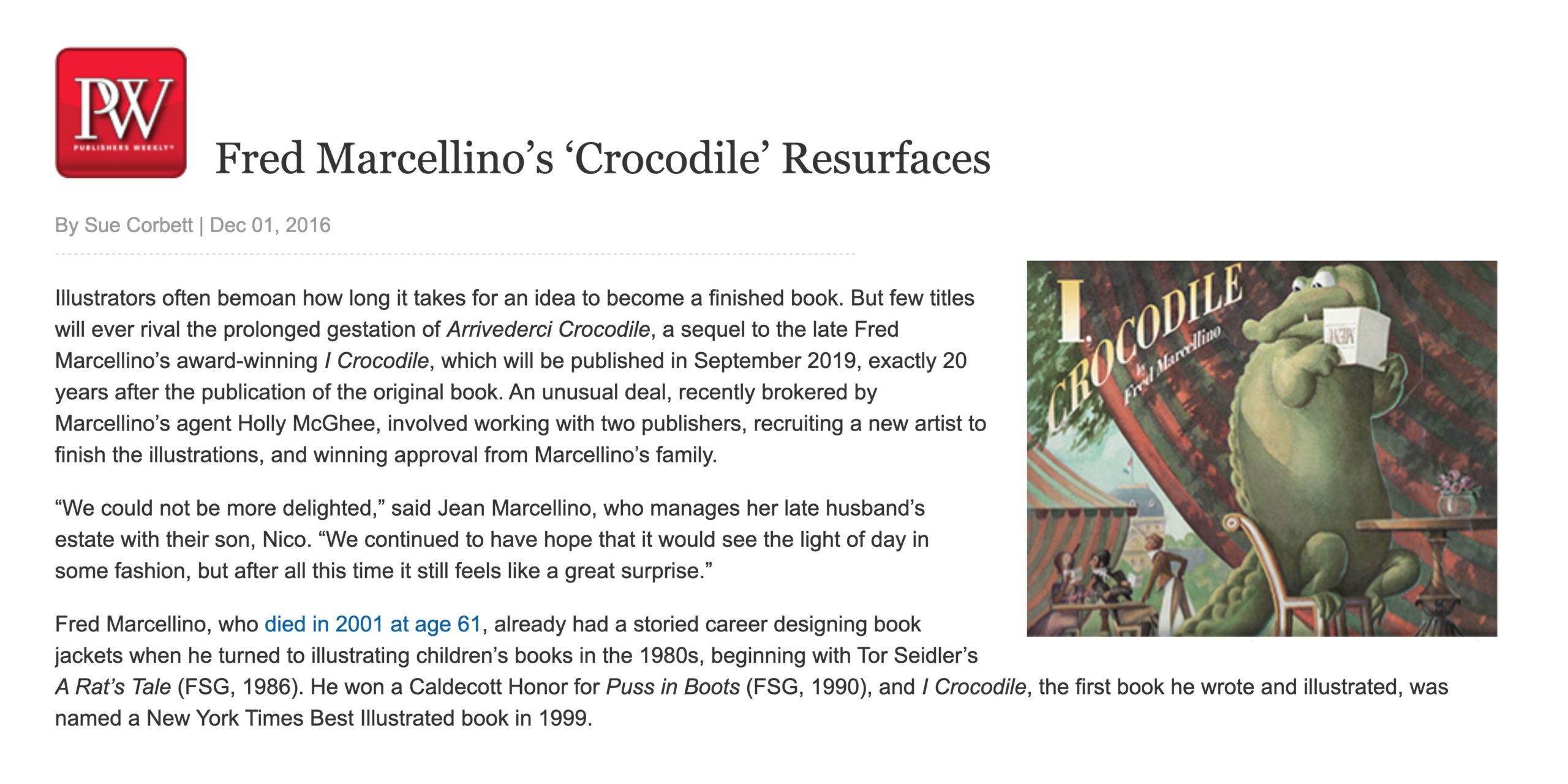 Publishers Weekly: Fred Marcellino’s “Crocodile” Resurfaces